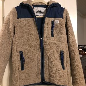 Penfield x Madewell tan and blue hooded fleece